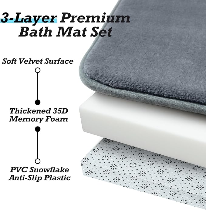 Bathroom Rugs Sets 3 Piece, Non-Slip & Quick Dry Bath Mat Set, Ultra Soft Velvet Bath Rugs for Bathroom, Toilet and Shower Floor, Grey