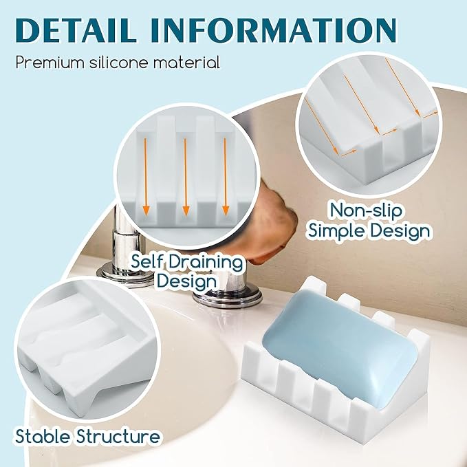 Self Draining Silicone Soap Dish Holder Waterfall Tray, 1 Pack White | Waterfall design drains fast to keep soap dry, non-slip silicone base anti slide, soap saver for bathroom & kitchen