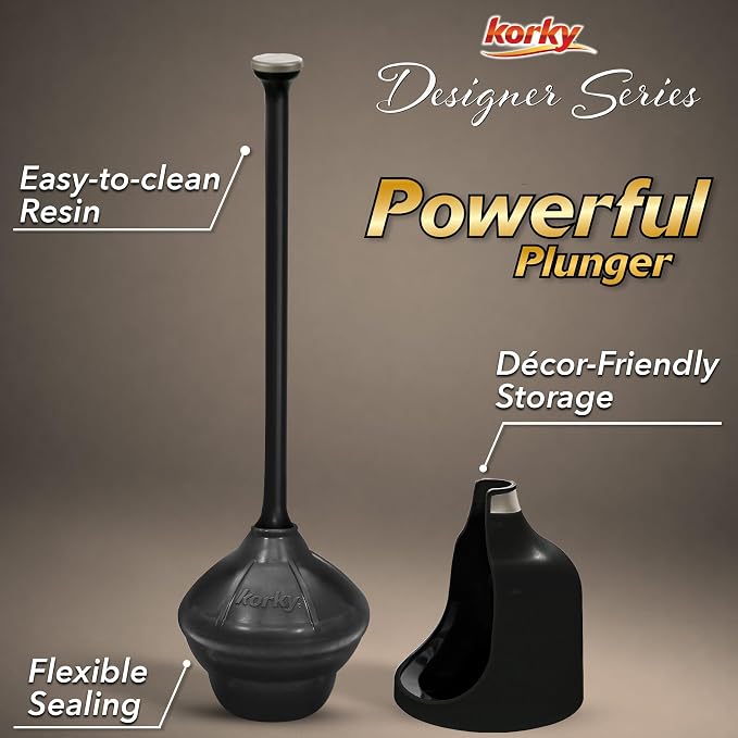 Korky Black Toilet Plunger and Holder – Fast Clog Removal - Made in USA