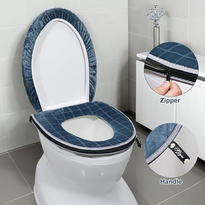 Toilet Seat Cover and Toilet Lid Cover Set, Soft Toilet Seat Cushion with Zipper Adjustable Rubber Backing Toilet Seat Warmer Bathroom Decor and Accessories, Blue Gray