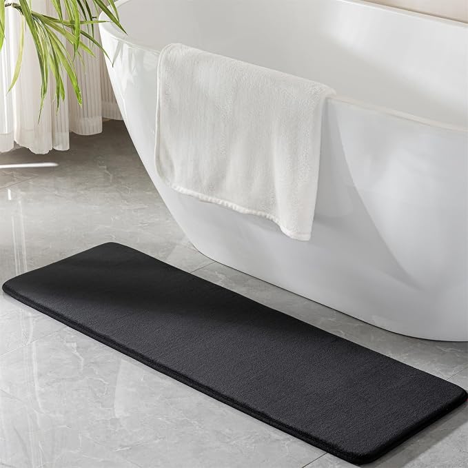 Narrow Bath Mat Long Black Skinny Memory Foam Bathroom Runner Rug Non Slip | Washable Soft Microfiber Bathroom Carpet Absorbent Bathrug for Tub,16" x 47"