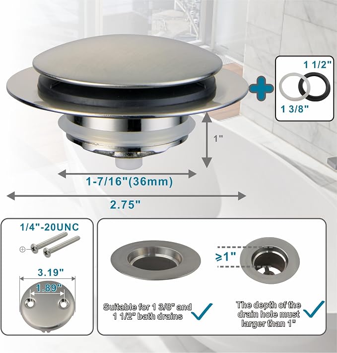 Brushed Bathtub Stopper Tub Drain,Welsan Universal Pop Up Tub Drain Stopper Replacement Tip Toe, Lift and Turn with 2-Hole Overflow Face Plate Cover and EZ Bath Tub Plug (Brushed Nickel)
