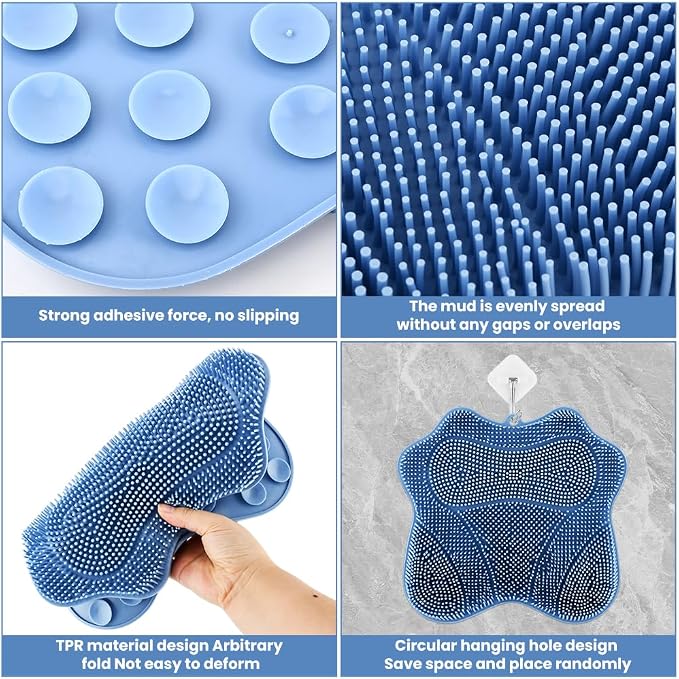 Shower Foot Scrubber Mat with Non-Slip Suction Cups & Hook,to Wall Mounted Back Scrubber Brush Mat,3 Type Brush Designs,for Deep Cleaning Shower Back Or Foot Exfoliating Massage
