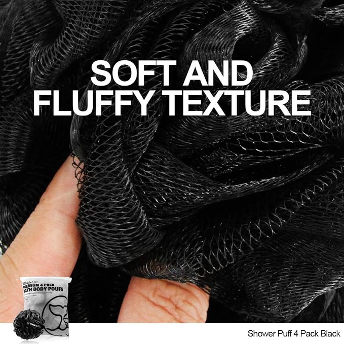 WhaleLife Bath Loofah Sponge for Shower - Body Scrubber 4-Pack Black | 10X Suds Save Body Wash Double Knotted Anti Tear Core Fast Dry Cotton Loop Stay Fresh Large Mesh for Sensitive Skin