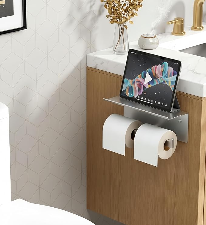 FORIOUS Double Toilet Paper Holder with Shelf, 304 Stainless Steel Wall Mount Commercial Toilet Paper Dispenser, Low Maintenance Bathroom Tissue Roll Holder for Hotel, Apartments, etc, Brushed Nickel
