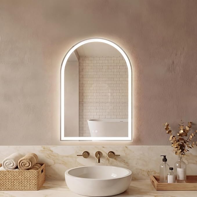 DUMOS 20"x28" LED Bathroom Mirror with Lights, Arched Vanity Mirror | Anti-Fog, Dimmable, 3-Color Light, Memory Function, Front Light and Backlit, Tempered Glass