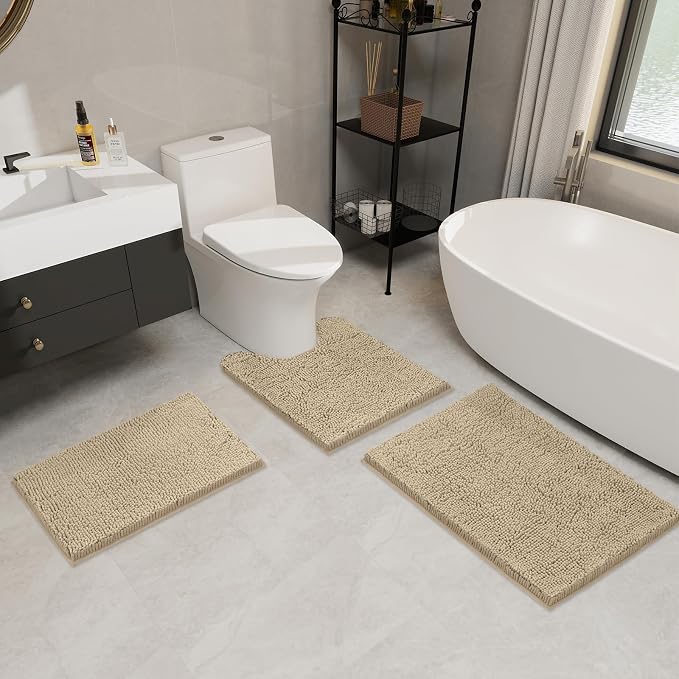LINLA 3 Pieces Bathroom Rugs Set, Non-Slip Chenille Bath mat | Absorbent Thick Plush Chenille Carpet Mats Set,Washable Dry Quickly with U-Shaped Toilet Mat for Tub, Shower