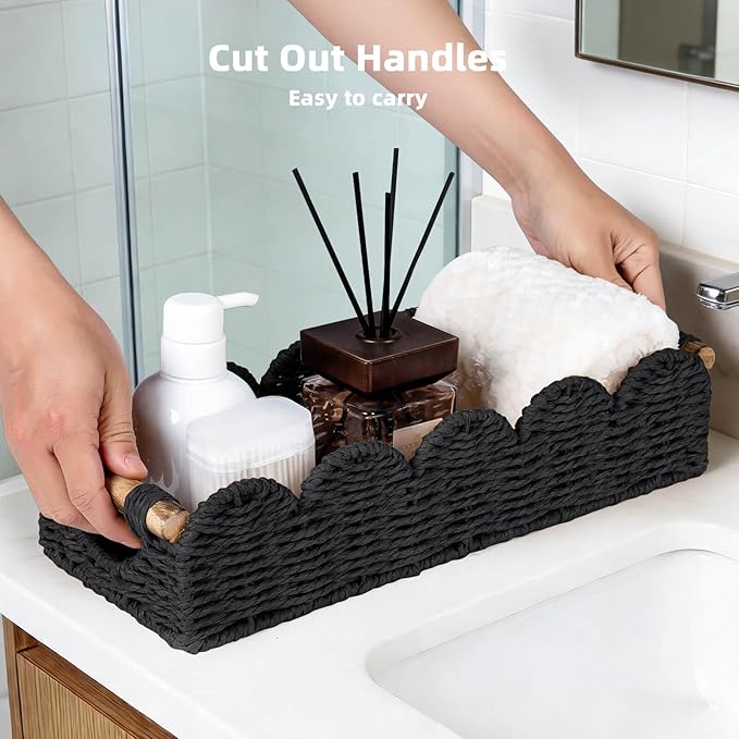 CubesLand Toilet Tank Paper Storage Basket Bathroom Counter Baskets for Organizing, Scalloped Decor Basket for Home, Living Room, Nursery, Wicker Bathroom Shelves Organization&Decorative Tray, Black
