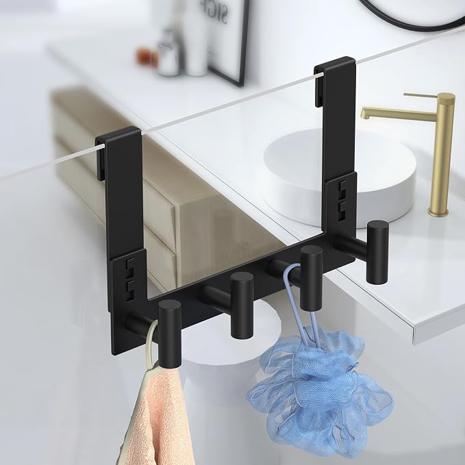 Extended Robe Door Hooks, Heavy Duty Stainless Steel Towel Hooks for Frameless Glass Shower Doors, Towel Hanger Rack, Shower Hooks for Bathroom (Black-4 Hooks, 1 Pack)