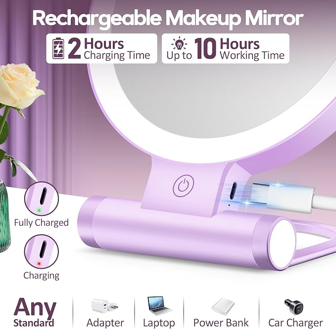 B Beauty Planet Magnifying Mirror with Light 30X, Double-Sided 1X/30X Magnifying Makeup Mirror with Tweezer, 2000mAh 3 Colour Modes with Adjustable Brightness,Foldable Travel Mirror(Purple)