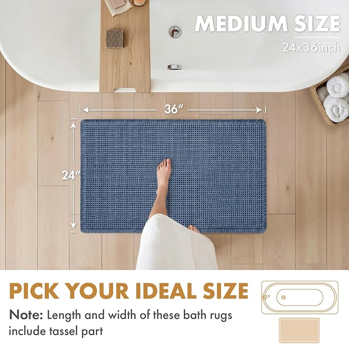 MIULEE Set of 2 Waffle Bathroom Rugs Boho Bath Mat Blue 24x36 Inch | Non Slip, Super Absorbent, Washable, Ultra Soft, Rubber Backed, Large Bath Rugs for Bathroom Floor Tub Shower