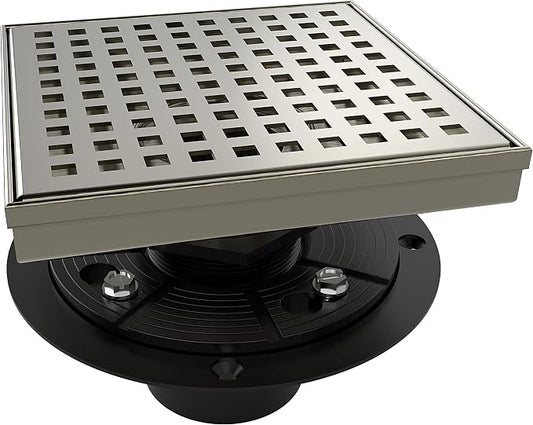 WEBANG 6 Inch Square Shower Drain Nickel Floor Drain with Flange Square Holes Pattern Cover Grate Removable SUS304 Stainless Steel Watermark&CUPC Certified Brushed Nickel