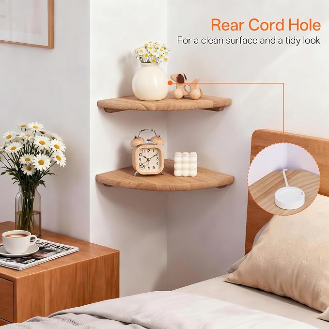 Gieanoo Corner Floating Shelf 16inch Solid Oak Wood Floating Corner Shelf with Wire Hole Corner Wall Mount Storage Display Shelves for Living Room Bedroom Bathroom Kitchen