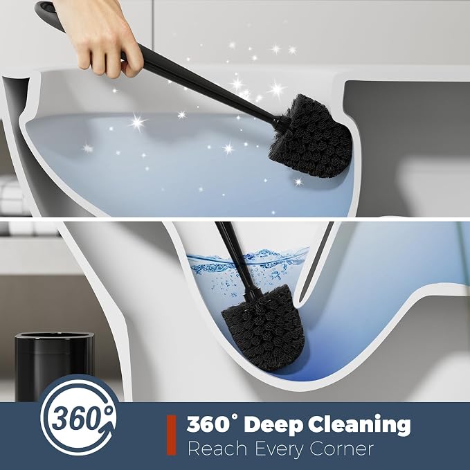 Holaloha Toilet Brush and Holder Set, Space Saving, 3 Pack, Black | Bathroom Accessories, Ergonomic Silicone Handle, Dense Bristles, Deep Cleaning, with 3 Crevice Brushes, Compact Design