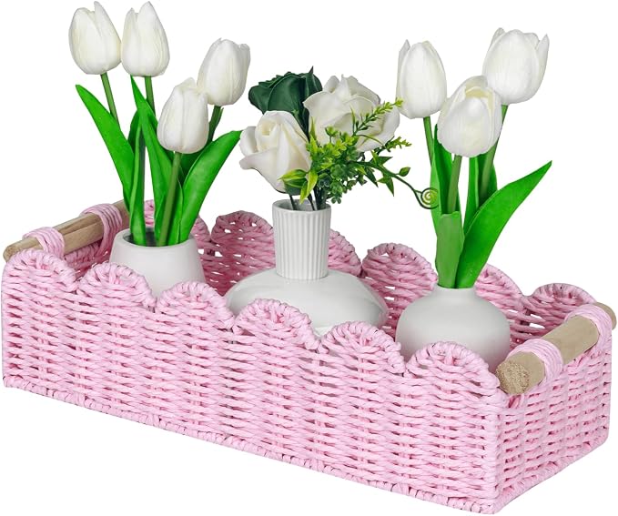 CubesLand Paper Rope Scalloped Edge Gift Basket Empty, Small Living Room,Bedroom Decor Baskets, Pink Woven Toilet Paper Storage Basket, with 2 Wooden Handle, Rectangular