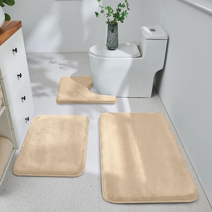 HUXMEYSON 3-Piece Memory Foam Bathroom Rug Set, Light Coffee | Quick Dry Velvet Surface, Non-Slip & PVC Backing, Ultra Soft Bath Rugs for Bathroom, 17"x24"+20"x32"+U Shape 20"x24"