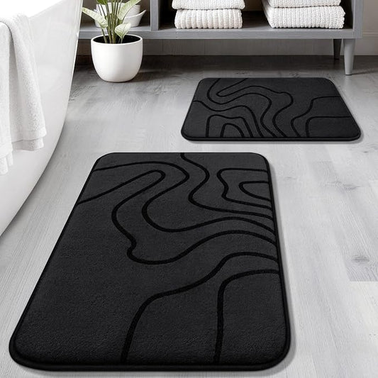 YIHOUSE Memory Foam Bathroom Rugs Sets 2 Piece, 32"x20"+24"x17", Black | Ultra Soft, Extra Thick Bath Mat, Absorbent, Non-Slip, Machine Washable, For Tub, Shower & Home Decor Accessories