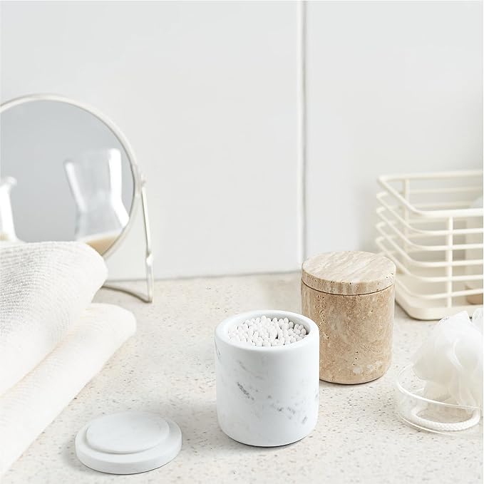 Travertine Qtip Holder Dispenser with Lid for Cotton Swabs,Balls,Pads,Floss Picks Large Capacity Marble Apothecary Jar for Bathroom Essentials Decor, Vanity Makeup Storage Organizer Beige(WH050)