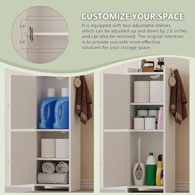 Arbuxzuy Small Bathroom Storage Cabinet,Corner Floor Cabinet with 2 Doors and Adjustable Shelf, Narrow Toilet Paper Cabinets with 2Hooks,Toilet Organizer for Small Spaces，7.87"D*9.84"W*29.72"H(White)