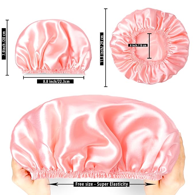 Shower Caps for Women, 4 PCS Reusable Waterproof Bath Cap | Double Layer, Washable, Wide Elastic Band, Holds Long Hair, Caps for Bath Accessories, Spa, Travel Home - Solid Color B