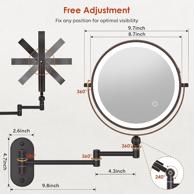 IMIKONA 9" Wall Mounted Lighted Makeup Mirror,4000mAh Rechargeable Double Sided 1X/10X Magnifying Mirror with Light,3 Color Lights,Touch Dimmable,Extended Arm 360 Rotation Wall Mounted Makeup Mirror