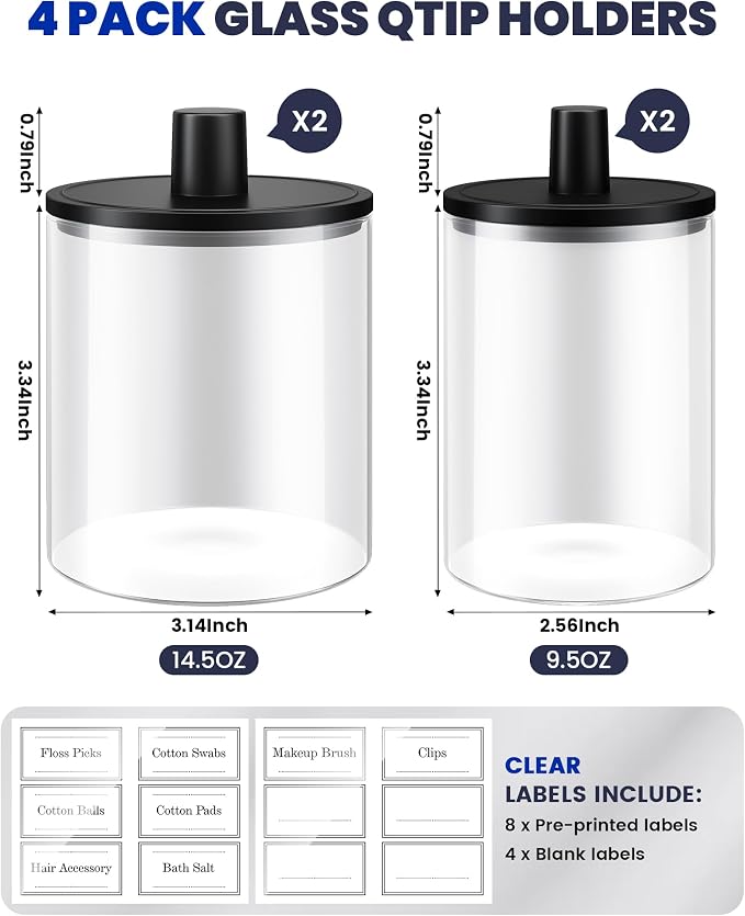 Glass Qtip Holder Dispenser - 4 Pack, Bathroom Decor and Organizer | Clear Canister Apothecary Jars with Lids for Cotton Swabs, Balls, Pads, Floss Picks, Vanity Bathroom Accessories Storage Set