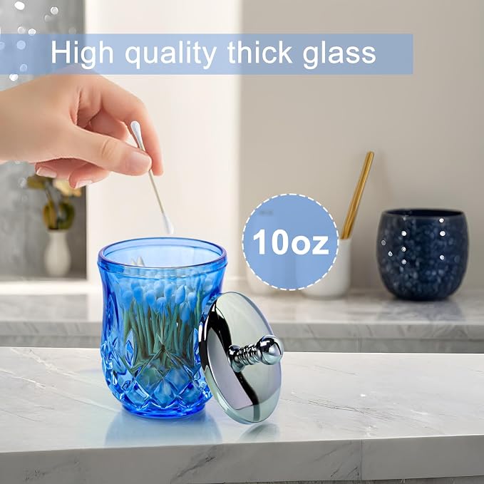 10Oz Blue Glass Q-Tip Holder, Thick Glass & Silver Lid | Round Design, for Q-Tips, Cotton Pads, Jewelry, Candy, Square