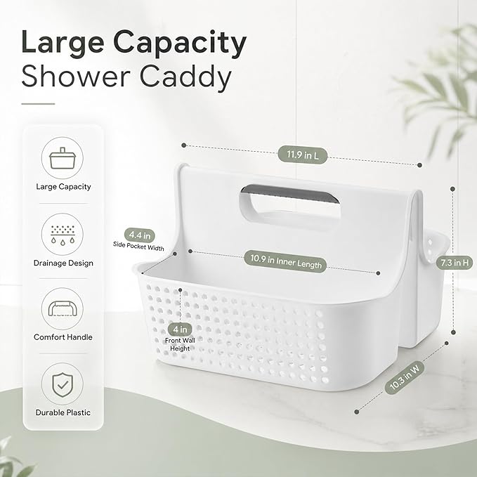 Haundry Portable Shower Caddy Basket, 2 Compartments Plastic Cleaning Caddy Organizer, Large Storage Tote with Handle for Bathroom, College, Dorm Room Essentials, White
