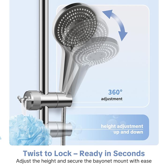 OFFO Shower Head Holder, Adjustable Handheld Shower Head Holder with 2 Hooks for 0.75-0.87 in Shower Hose, 360 Degree Rotation Shower Handle Holder for 0.63-1.1 in O.D. Shower Slide Bar, Chrome