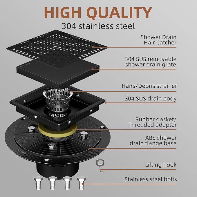 4 Inch Square Black Shower Drain Kit with Flange & Lifting Hook, Modern Floor Drain with 2-in-1 Cover Tiled Insert Grate, Stainless Steel SUS 304 (Matte Black, 4 Inch)