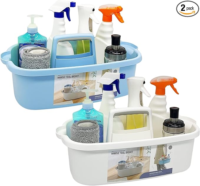Goderewild 2 Pack Multi-Purpose Plastic Cleaning Caddy with Handle, Shower Caddy Organizer/Storage Basket/Totes Portable for Bathroom Supplies, Cleaning Products, Under Sink Tool. (blue+white)