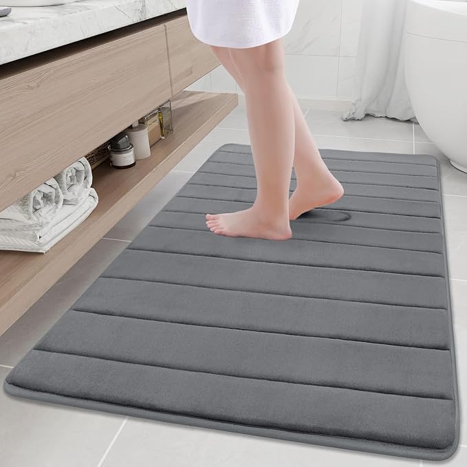 Buganda Memory Foam Bath Mat, 47" x 32", Ultra Soft and Non-Slip Bathroom Rugs, Water Absorbent and Machine Washable Bath Rug Runner for Bathroom, Shower, and Tub, Grey | Grey, Machine Washable Quick Dry Bath Mats for Bathroom Floor, Shower and Tub, Ho...