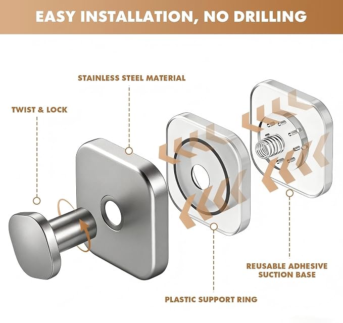 Suction Cup Hooks for Shower, 2 Pack Heavy Duty Suction Hooks No Drilling, Waterproof Rustproof Bathroom Hooks for Towel Robe Loofah, Glass Door Tile Mirror Kitchen