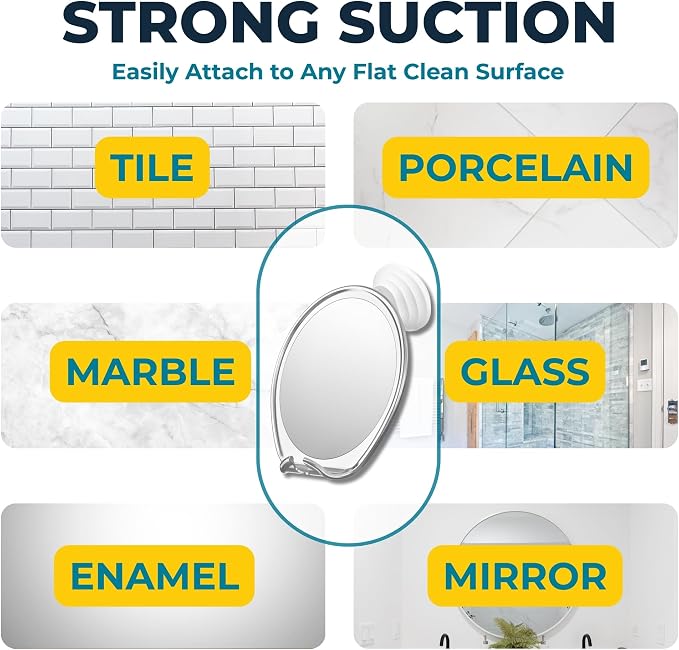 HONEYBULL Fogless Shower Mirror for Shaving with Suction Mount, Chrome | Shatterproof Acrylic Bathroom Accessory With 360 Swivel & Built-in Razor Hook, Clear Reflection in Steam & No-Drill Setup
