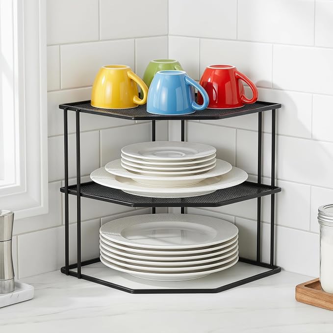 yarlung 3-Tier Cabinet Corner Shelf, 9x9x7.5 Inches Metal Wire Plate Rack Kitchen Counter Corner Organizer for Cups, Dishes, Cupboard, Pantry, Black Elegant Finish