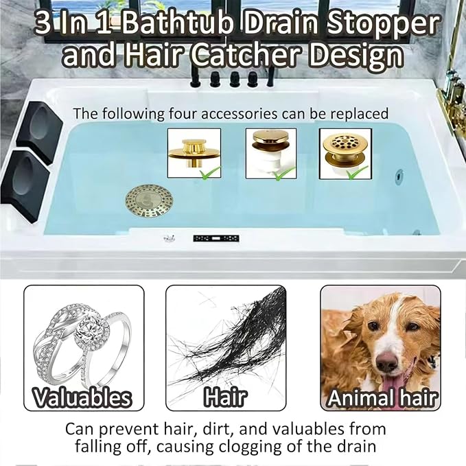 AzWzz Bathtub Drain Stopper,Pop Up Tub Stopper Plug with Hair Catcher Cover | All-metal, Universal for 1.45 in to 1.8 in Tub Drain, Brushed Gold