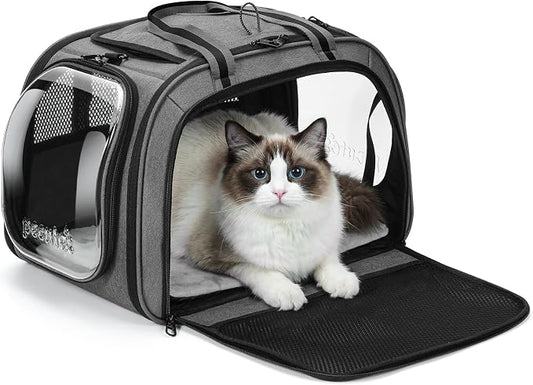 Pecute Cat Carrier with Bubble Window & Sunshade for Dogs Cats, Gray L | Dual bubble windows & top sunshade, 70% more airflow mesh, Impact-resistant stable frame, Locking zippers, Fits up to 15 lbs