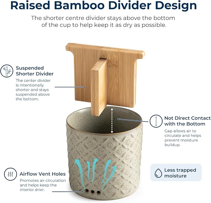 Zoeeker Toothbrush Holders for Bathroom with Drain Holes and Bamboo Divider | Ceramic Toothbrush and Toothpaste Holder, Detachable 3 Slots Electric Tooth Brush Cup Countertop Organizer for Family, Green