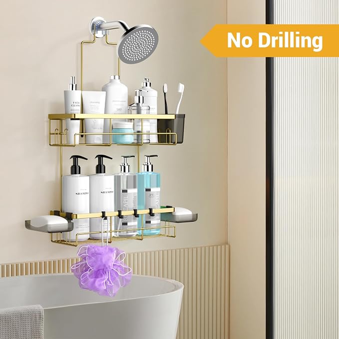 Hanging Shower Caddy Over Showerhead - Rustproof No Drill Shower Organizer | Includes Soap Holder and Hooks for Shampoo, Conditioner, and Bathroom Essentials with Quick Drainage Design