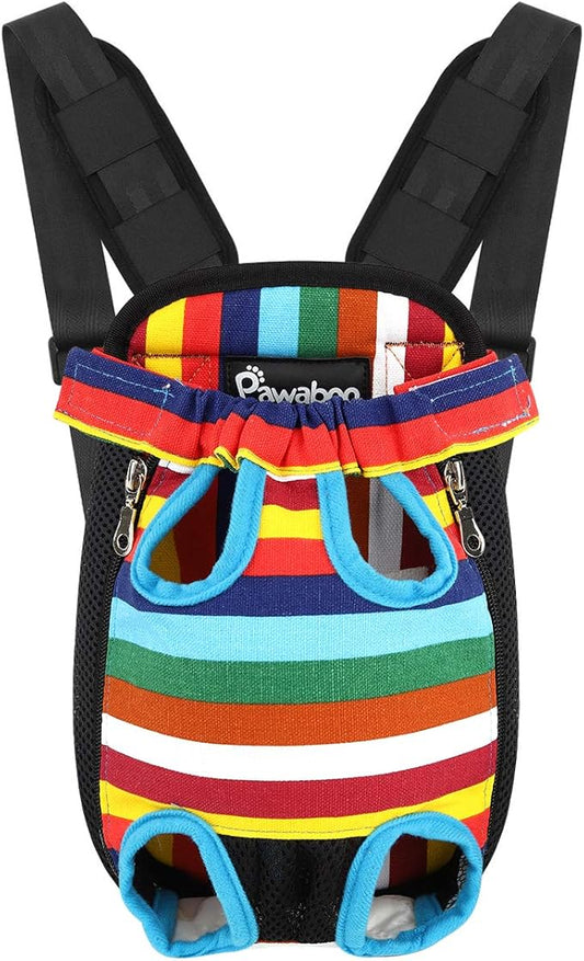 Pawaboo Pet Front Carrier Backpack for Small Medium Dogs | Legs Out Easy-fit,Adjustable Straps,Hands-Free,Soft Padded Support for Travel Hiking Cycling Camping,Colorful Strips,S