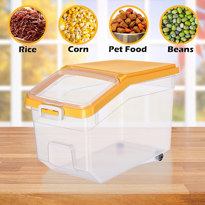 4 Pcs Rice Storage Container 28 lb Airtight Flour Container with Wheels Measuring Cup Clear Pet Dog Birds Cat Food Bin Grain Cereal Organizer Box for Dry Baking Supplies(Yellow Lid)