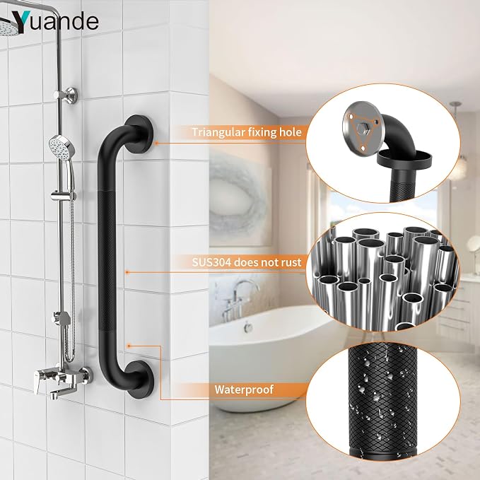 20 Inch Anti Slip Shower Grab Bar, YuanDe Black Stainless Steel Bath Grab Bar, Knurled Bathroom Safety Rail, Shower Handrail Support, Handicap Elderly Balance Assist Handles-1.25" Diameter