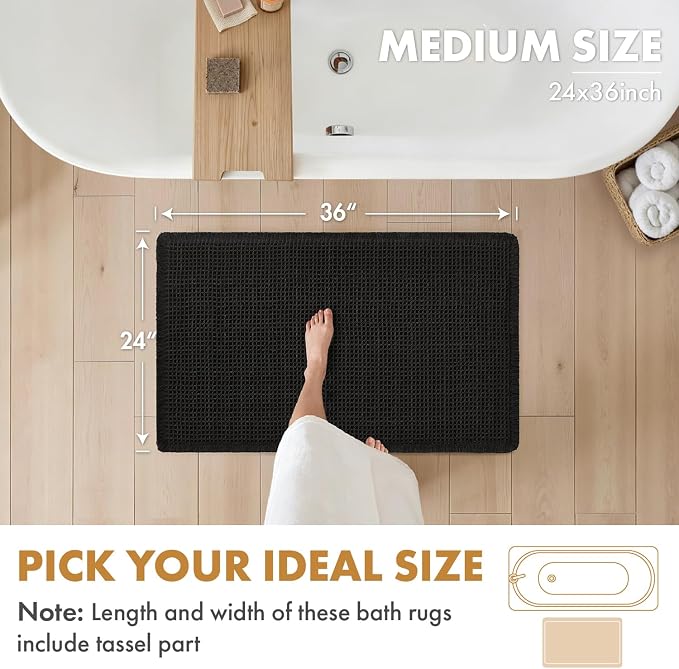 MIULEE Set of 2 Waffle Bathroom Rugs Boho Bath Mat Black 24x36 Inch | Non Slip, Super Absorbent, Washable, Ultra Soft, Rubber Backed, Large Bath Rugs for Bathroom Floor Tub Shower