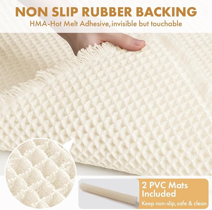 MIULEE Set of 2 Waffle Bathroom Rugs Boho Bath Mat Cream White 18x30 Inch | Non Slip, Super Absorbent, Washable, Ultra Soft, Rubber Backed Bath Rugs for Bathroom Floor Tub Shower
