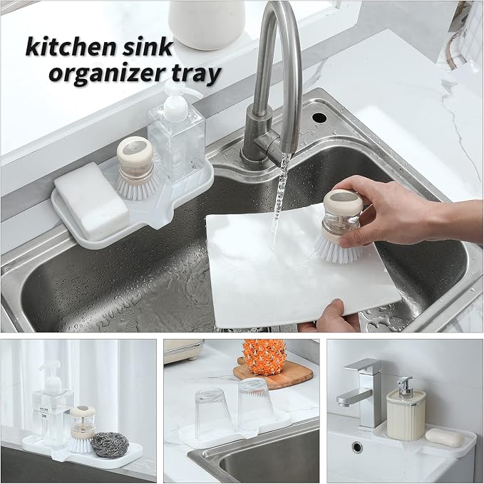 MicoYang Silicone Soap Dish with Drain Spout — Self-Draining Sink Organizer Tray for Bathroom & Kitchen, Sponges, Dispensers & Soap Holder, Non-Slip & Dishwasher Safe, White (Medium, 9.6"×5.3")
