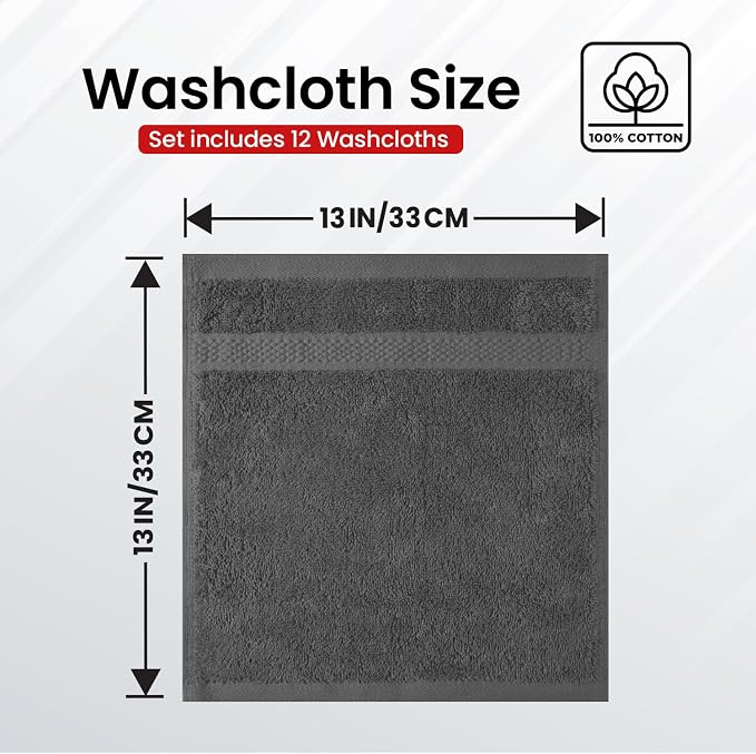 Infinitee Xclusives 100% Cotton Luxury Wash Cloths for Showering - 12 Pack | Washcloths [13x13] - Soft and Absorbent Face Towels for Bathroom Wash Clothes - Gym, Spa & Hotel Use