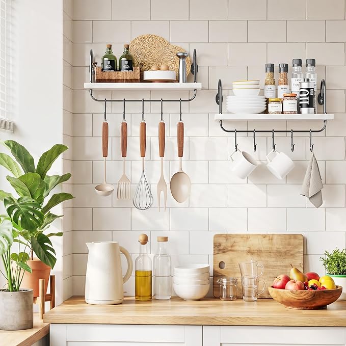 Olakee Floating Wall Shelves for Kitchen Bathroom Coffee Nook with 10 Adjustable Hooks for Mugs Cooking Utensils or Towel Rustic Storage Shelves Set of 2/17x5.9 inch (White)
