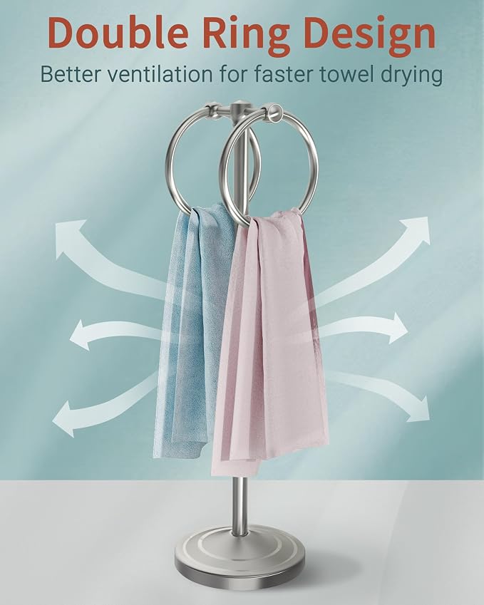 18" Hand Towel Holder Stand, Stainless Steel Free Standing Towel Rack Bar,Double Ring Towel Hanger with Weighted Base, Towel Hardware for Bathroom Vanity Kitchen Countertops(Nickel)