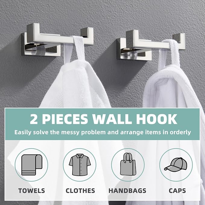 APLusee Double Robe Towel Hook Polished Chrome 2 Pack, 304 Stainless Steel Square Towel Hanger, Minimalist Coat Holder for Modern Bathroom Washroom