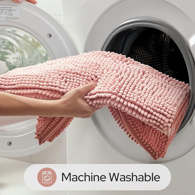 HOMEIDEAS Pink Bathroom Rugs Set of 2, Striped Chenille, 20"x32"+17"x24" | Non Slip Absorbent Bath Mats, Fluffy Striped Chenille Soft Shaggy Bath Rugs for Bathroom Floor and Tub, Machine Washable